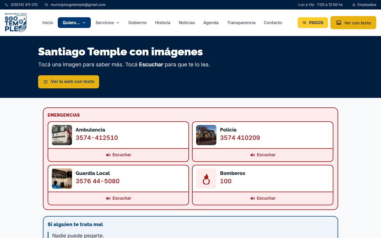 Encabezado de la web municipal en modo imágenes, con el botón Ver con texto y las tarjetas de Ambulancia, Policía, Guardia Local y Bomberos